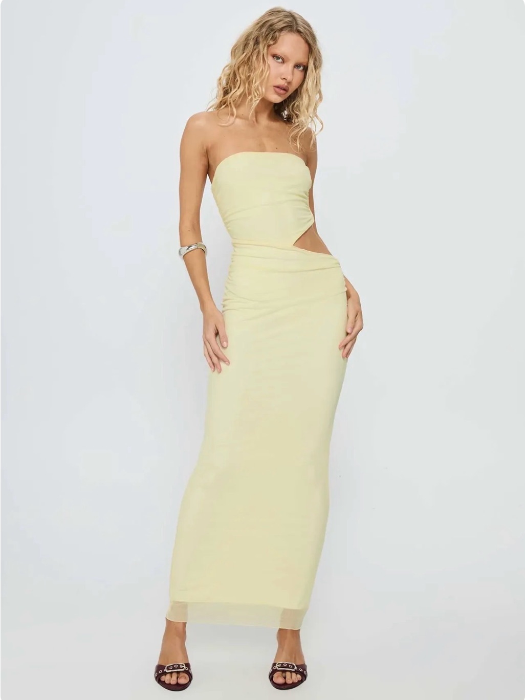 Princess Polly Tyllie Yellow Strapless Cut Out Maxi Dress Size 8 New